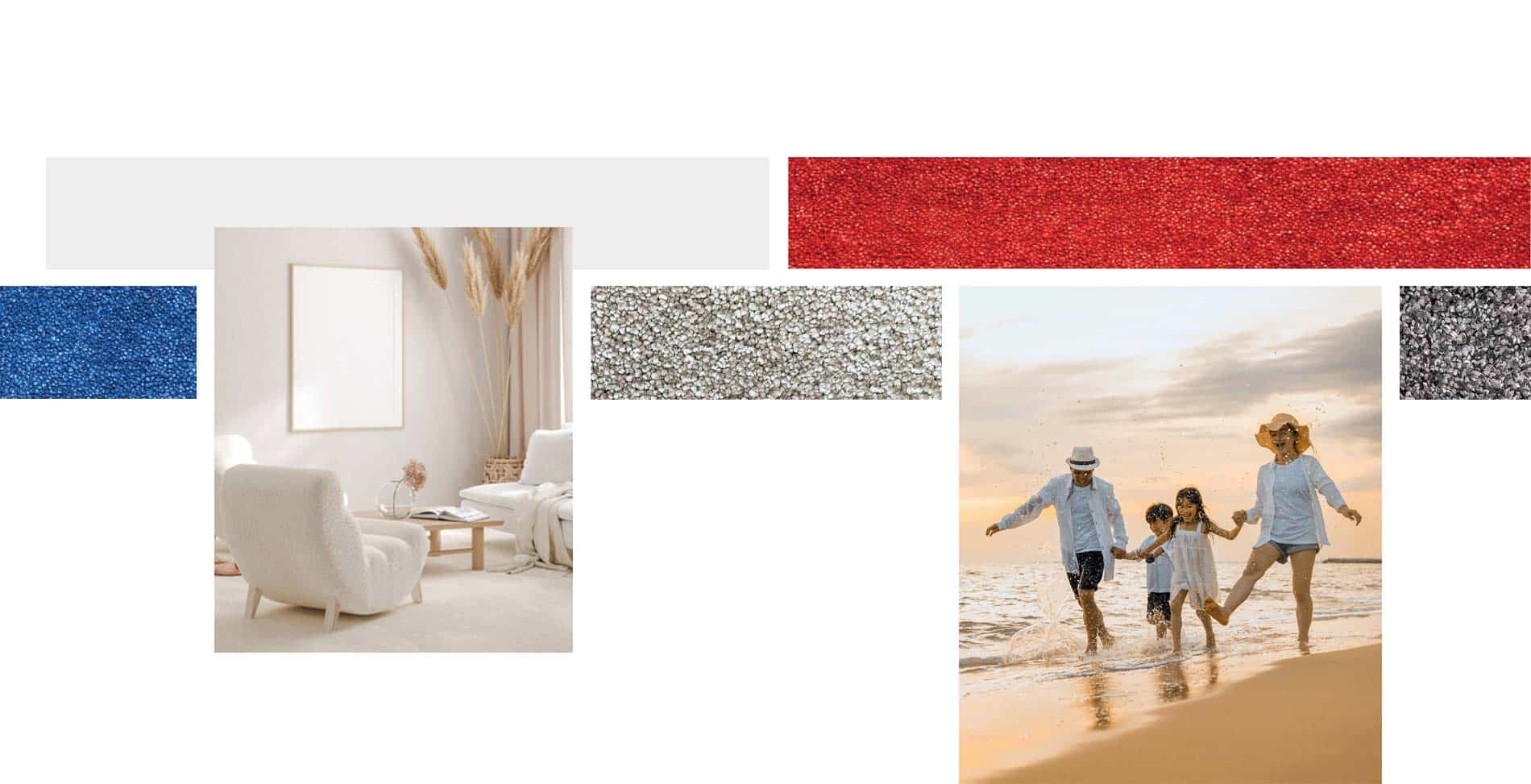 Collage of carpet, home, and family on the beach.